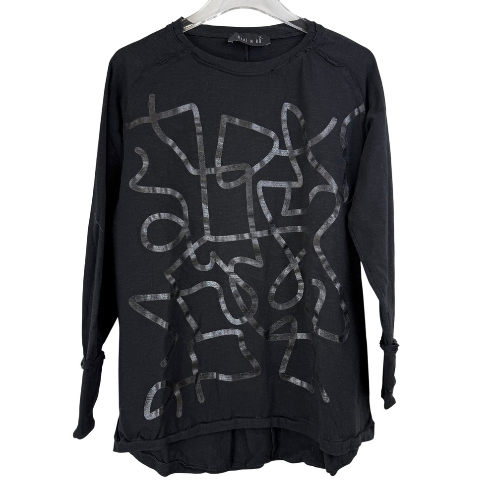 Ozai N Ku Black Long Sleeve‎ Abstract Graphic Top Made in Greece WOMEN Small